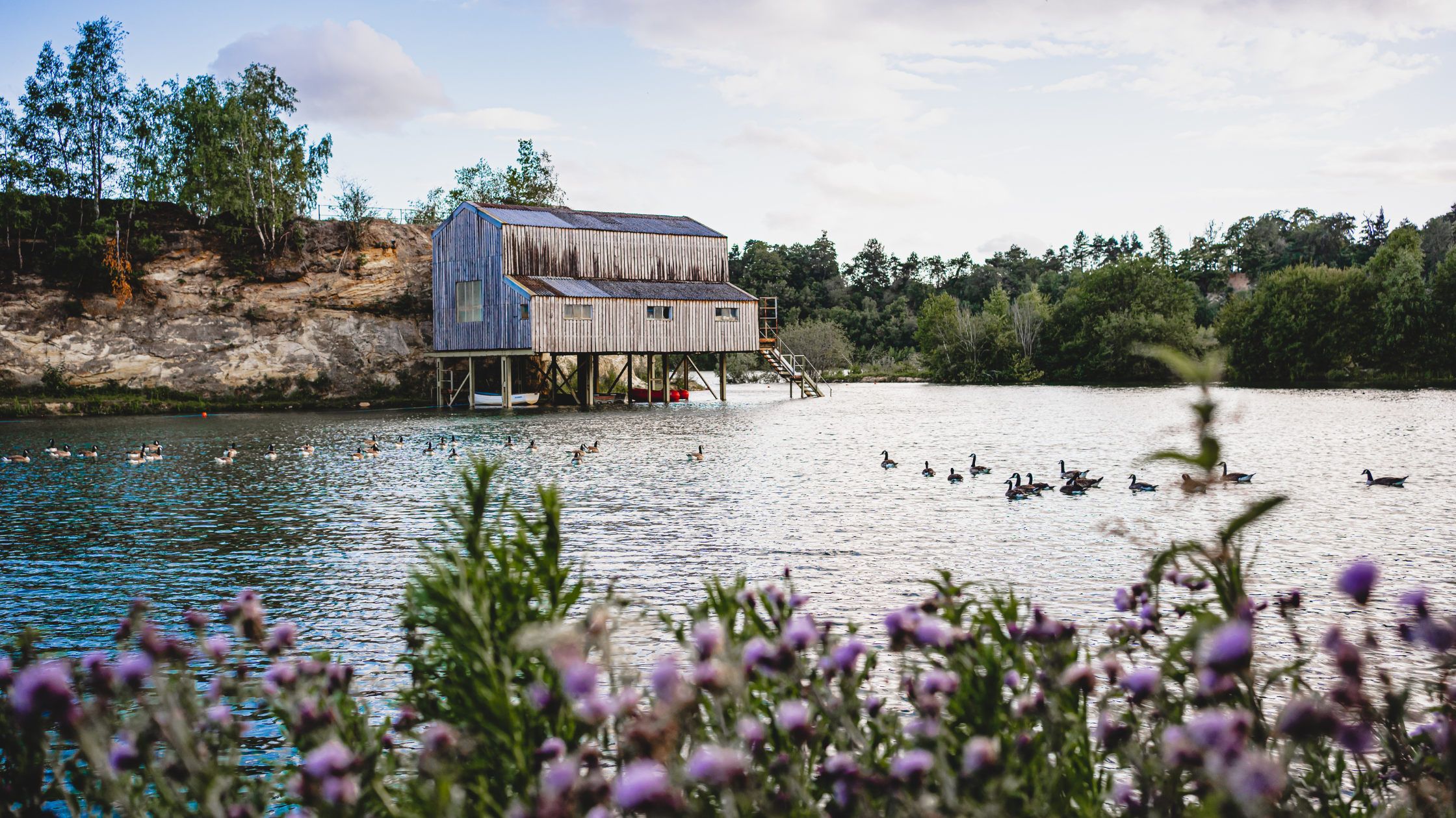 View of Buckland Park lake with a Hut on stilts over the water