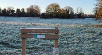 Image of a frosty field in Merrow Downs with a wooden sign reading "Merrow Downs"