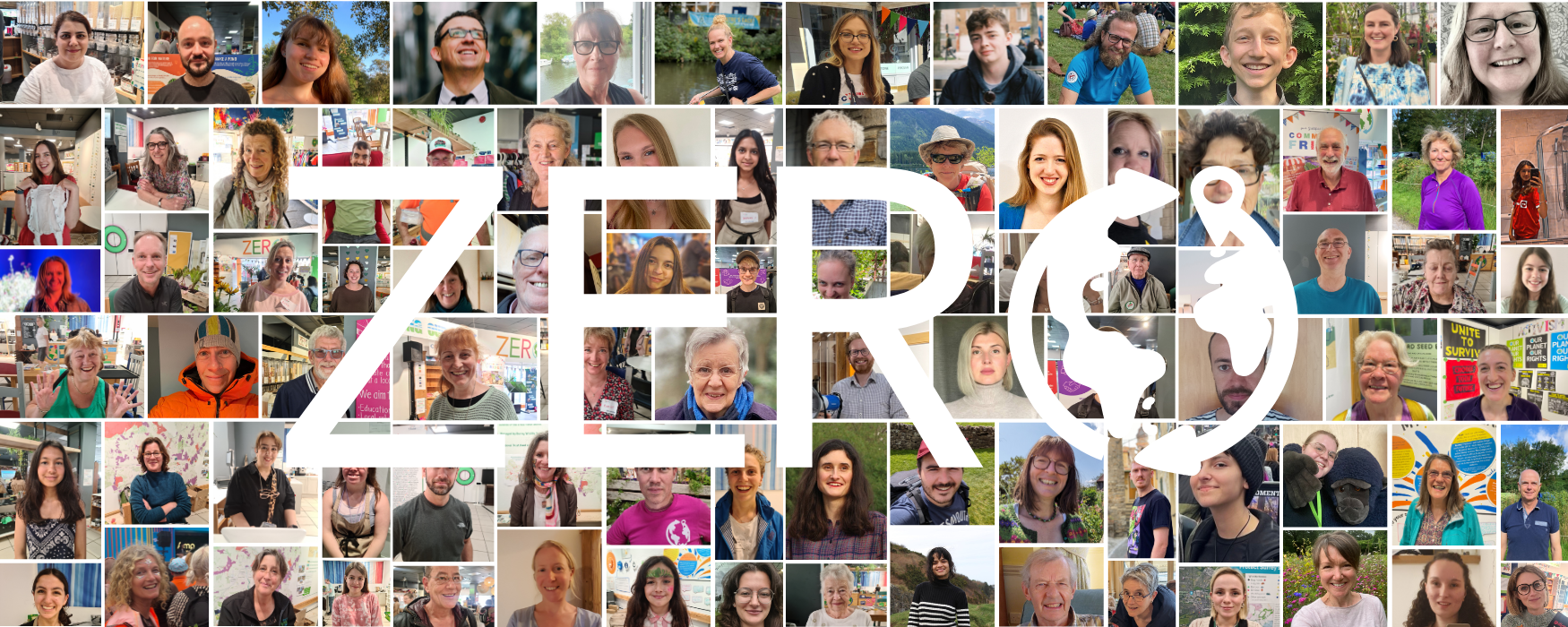 Collage of the volunteers of Zero Carbon Guildford with "ZERO" written across the middle