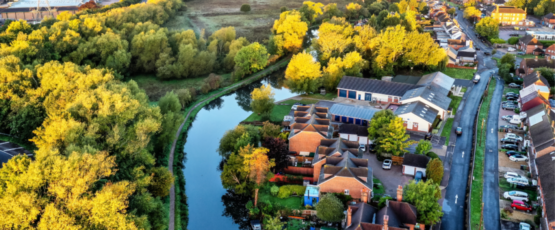 Ariel view of Guildford, Surrey. Image shows the river, housing and roads