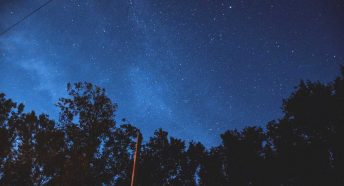 A view looking up into a dark night sky with stars overhead