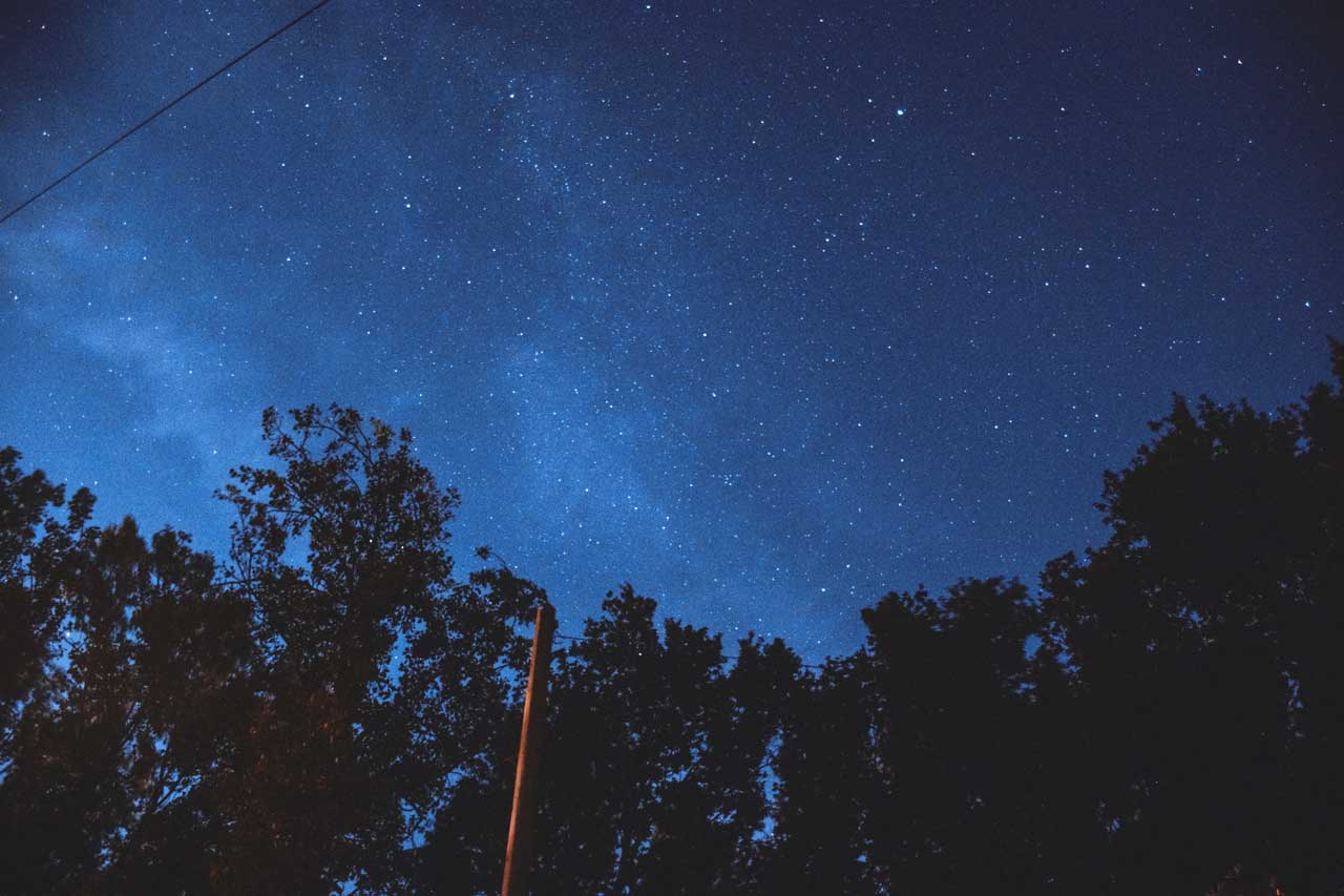 A view looking up into a dark night sky with stars overhead