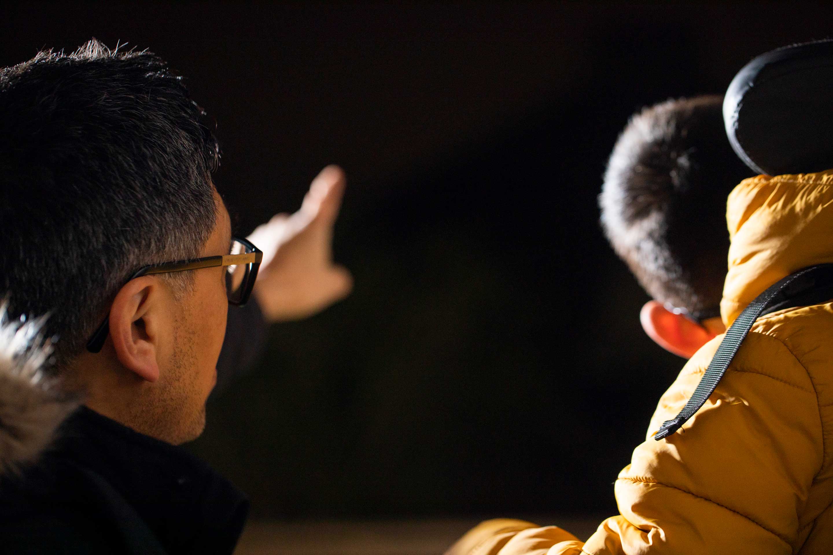 A man and child look into a dark sky, with the man pointing up