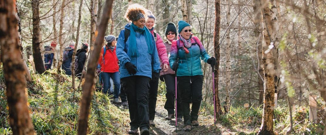 A group of women in hiking gear walking through a sunny forest