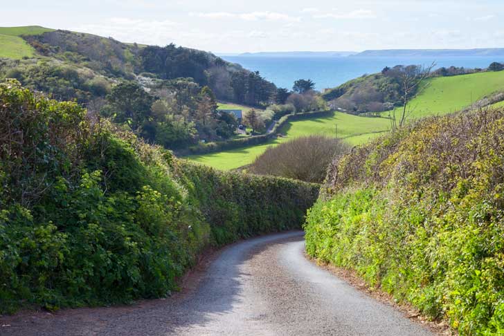A country lane with green hedgerows either side leads downhill to the sea