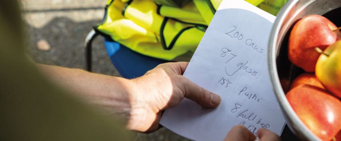 A CPRE volunteer adds up what litter items have been collected during a CPRE Green Clean event