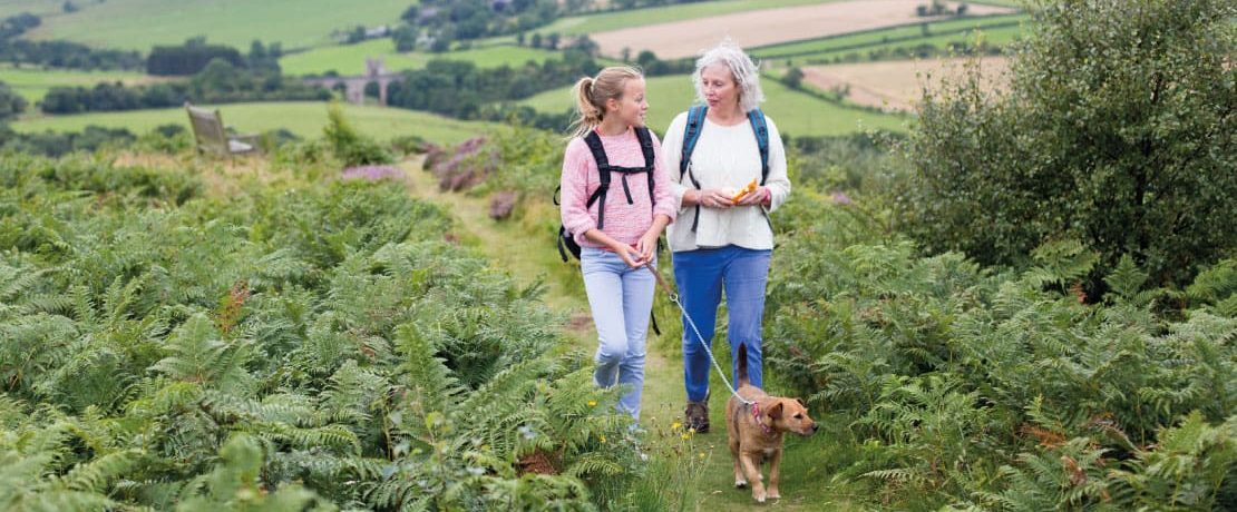 A girl and woman walk a dog through ferns in a green landscape