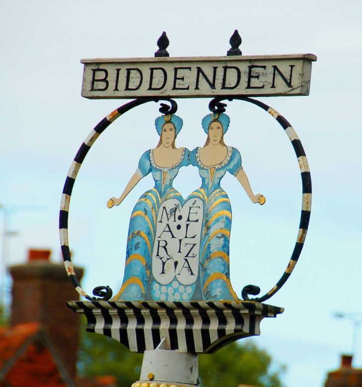 The Biddenden village sign depicts conjoined twins Mary and Eliza Chulkhurst
