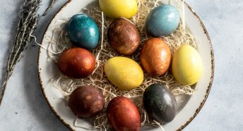 A dish of colourful painted eggs