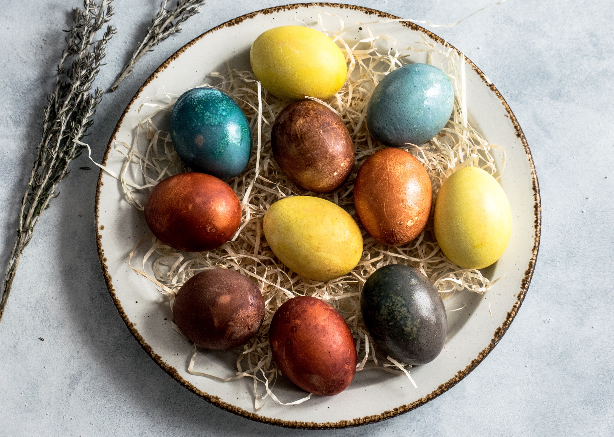 A dish of colourful painted eggs
