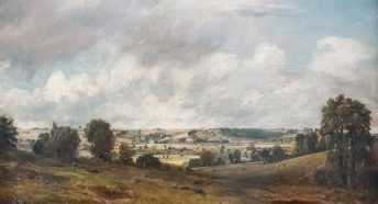 An oil painting showing a pastoral valley and blue cloudy skies