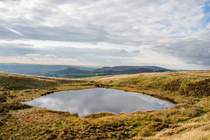 A small lake in a hilly landscape