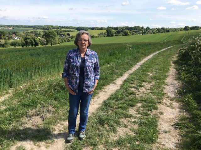 Carole Oldham walking in the countryside near Ropley