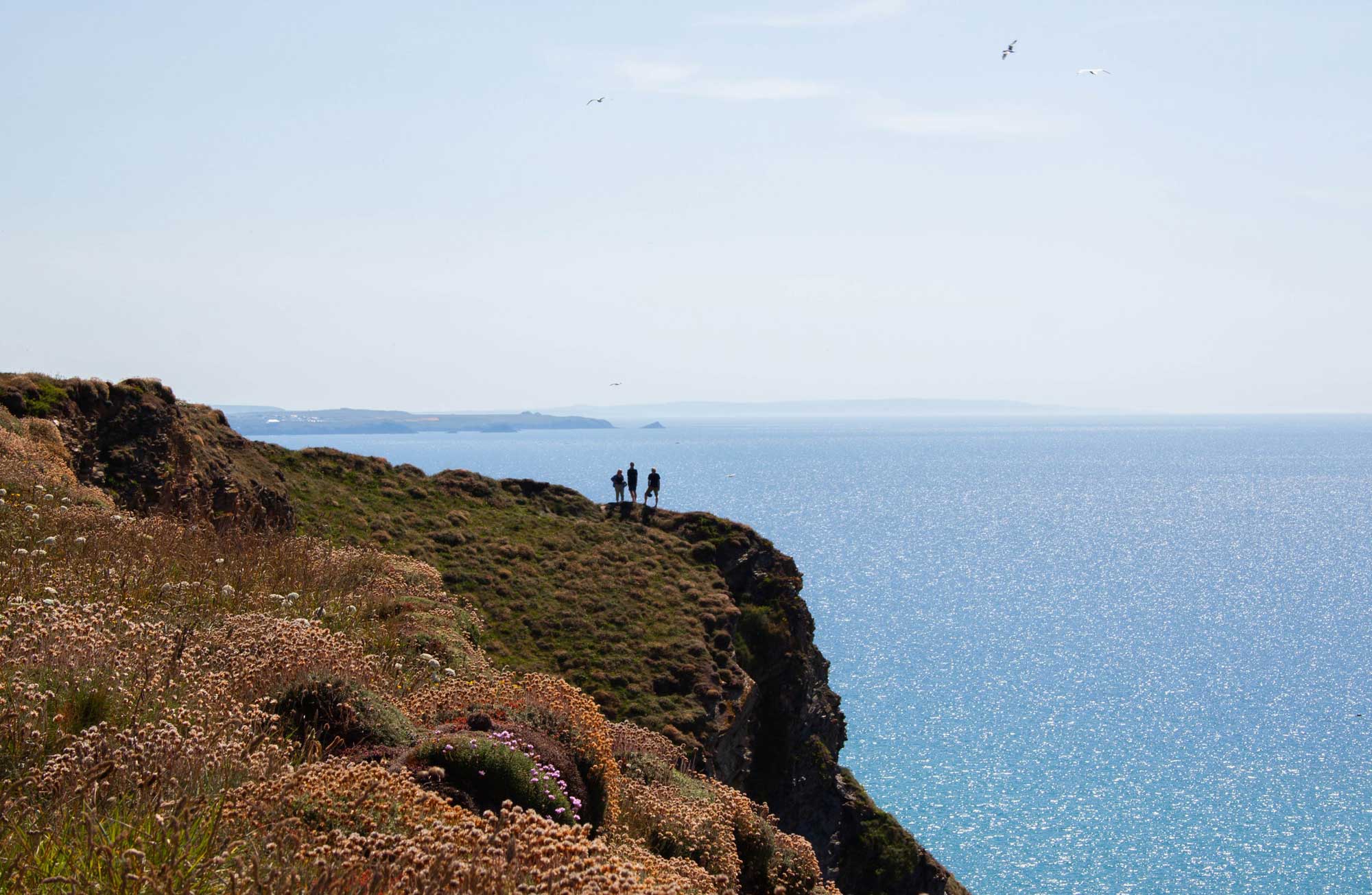 Three people stand on a striking cliff top with sea behind