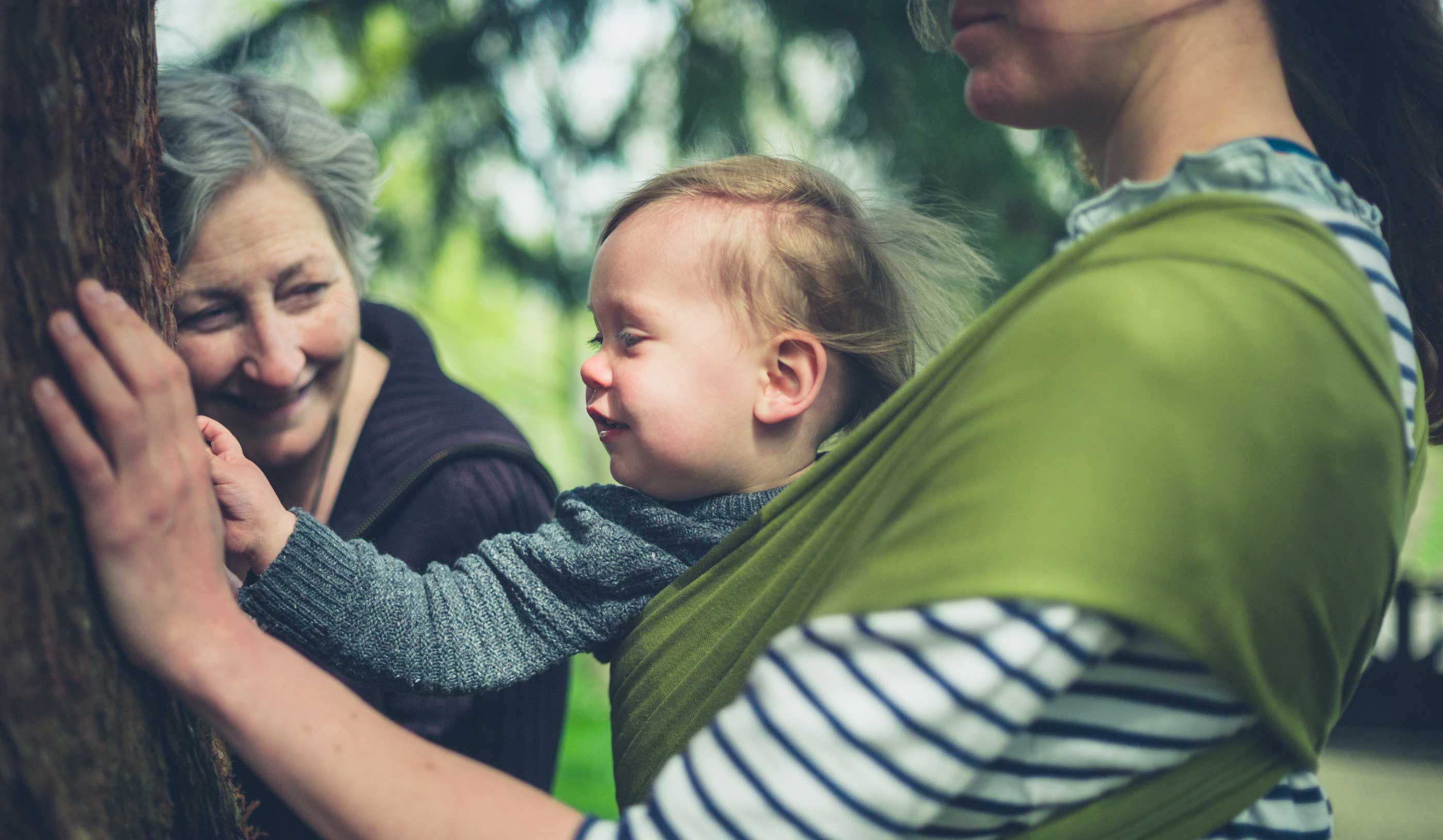 Grandmother, mother and child touch large tree
