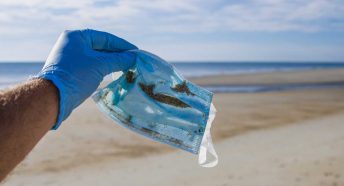 A discarded disposable face mask is held by a person on a sandy beach