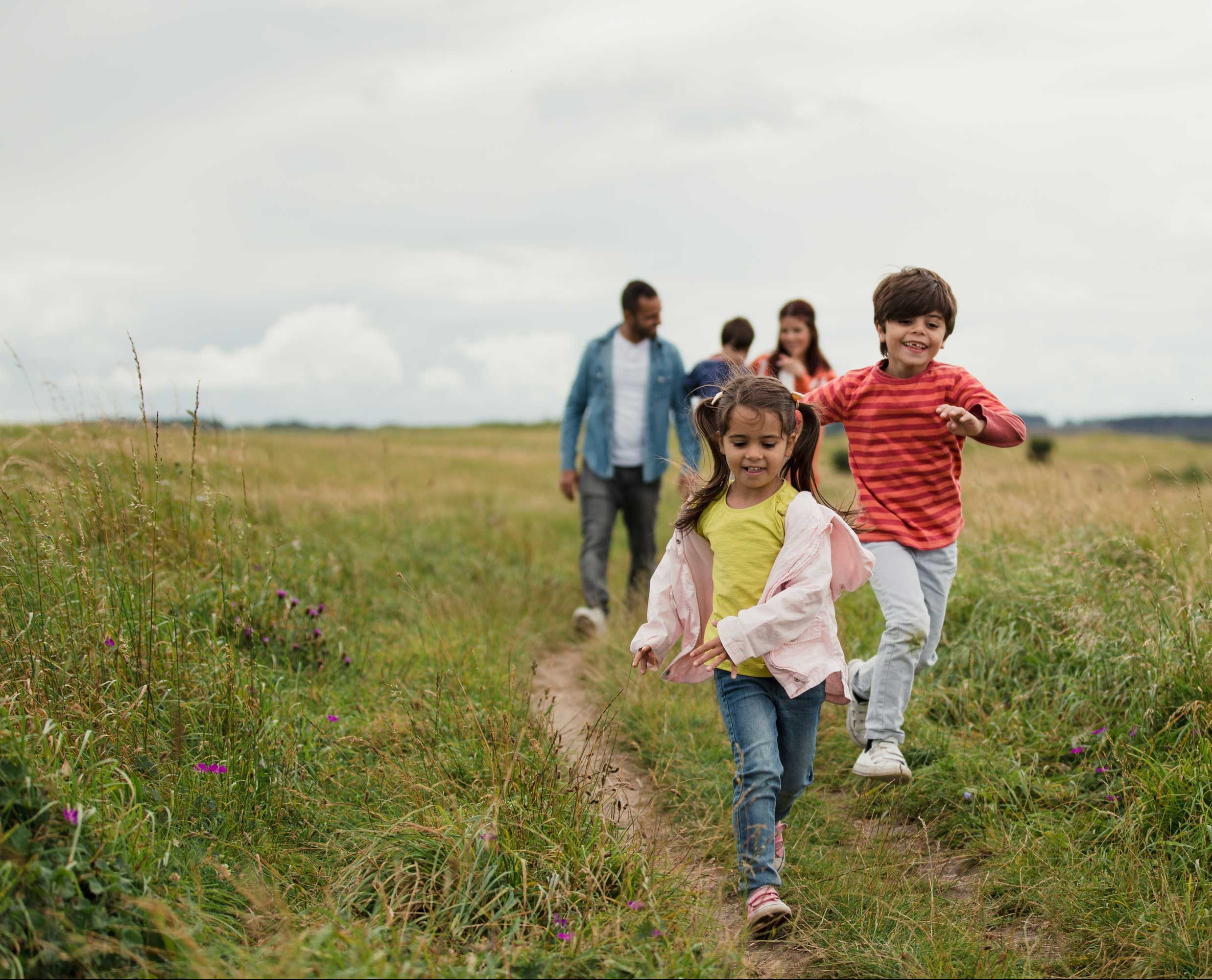 A family walking on a grassy path
