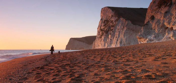 Person and dog walking on beach with sand and cliffs at sunset