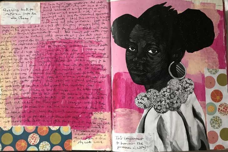 A colourful double page with handwriting and a striking image of a woman of colour