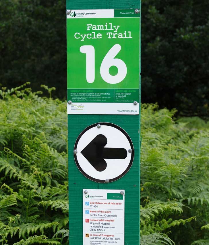 A bright numbered cycle route sign