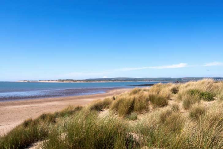 A sandy beach with bright blue sky behind