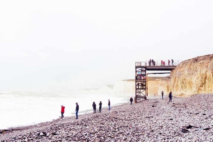 Pale cliffs and a shingle beach