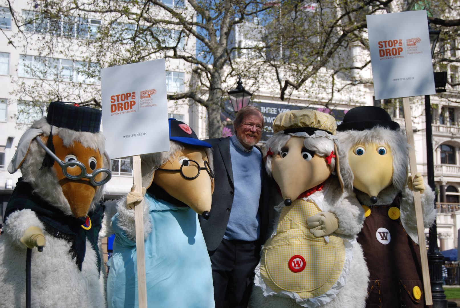 Bill Bryson and wombles with Stop the Drop placards