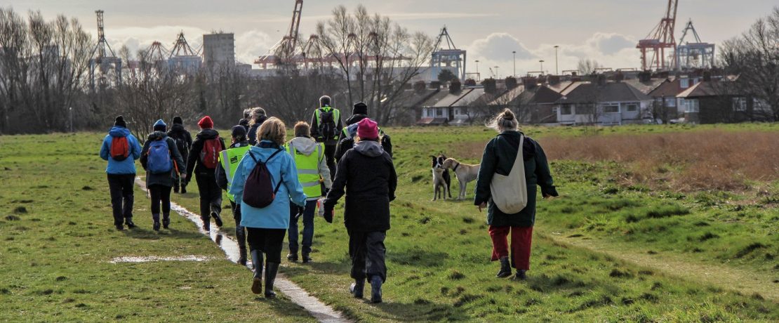 A mixed group of people in coats from behind, walking on urban green space towards docklands with cranes and industrial buildings