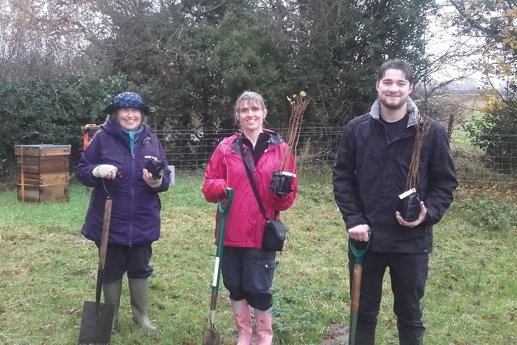 Two women and a man in wet weather holding trees and spades on farmland with hedges and beehive in the background