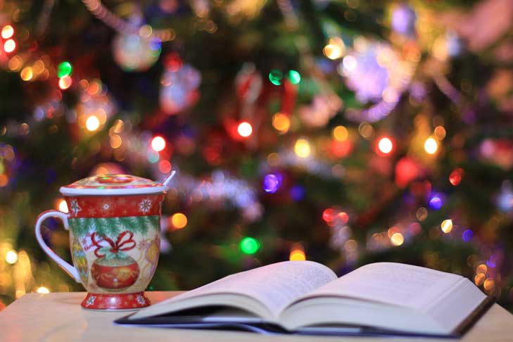 An open book and mug beside festive lights