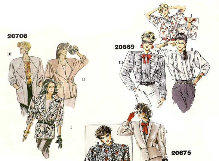Fashion styles from the 1980s including oversized women's jackets
