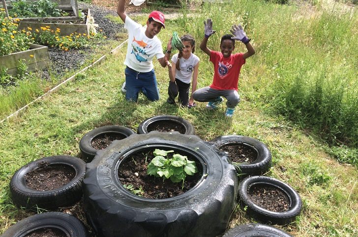 three children gardening on grass using old tyres filled with soil as planters
