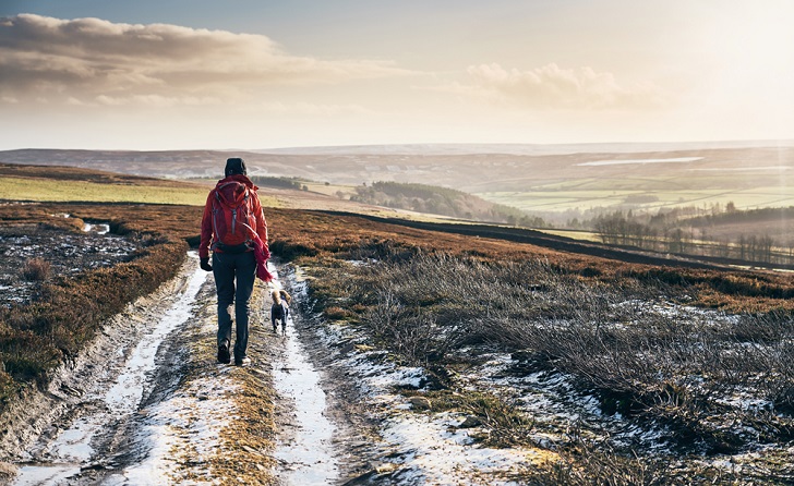 a woman walking a dog on frosty moorland with hills on the horizon
