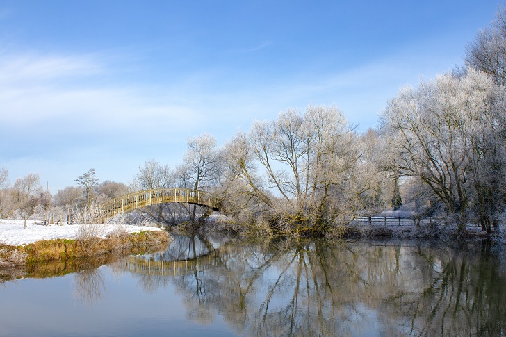 A river in winter with trees and snowy banks