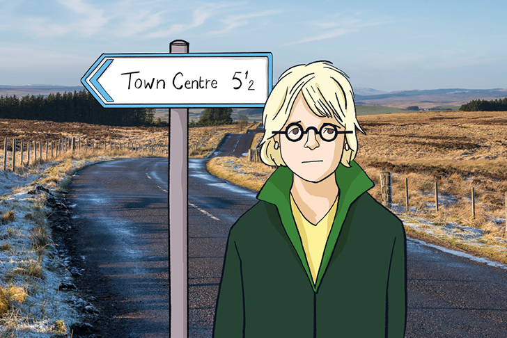 Hand-drawn image of a woman standing by a 'town centre' sign on a rural road