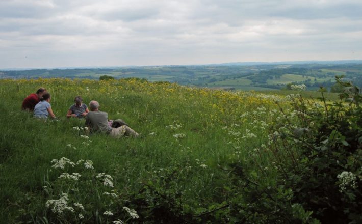 Four people lie in a grassy meadow with a view