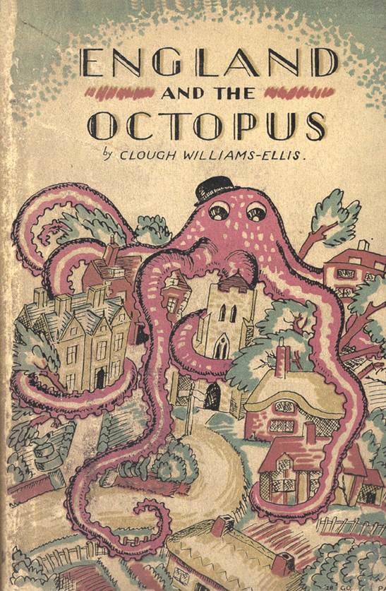 a book cover showing a cartoon octopus in a bowler hat representing urban sprawl