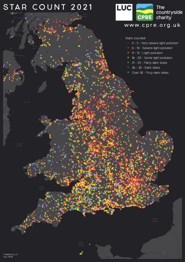 A map of the UK with light points shown across it, especially around urban areas