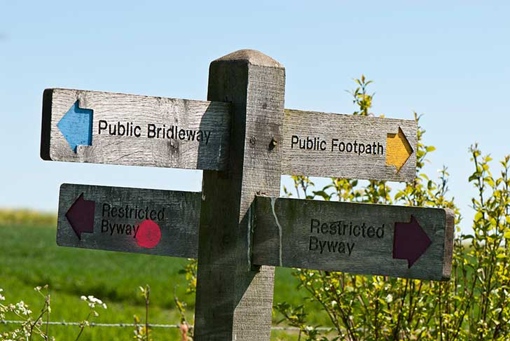 Fingerpost with three different kinds of footpath shown