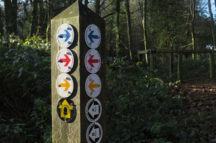 A wooden post with various coloured arrows for different footpaths