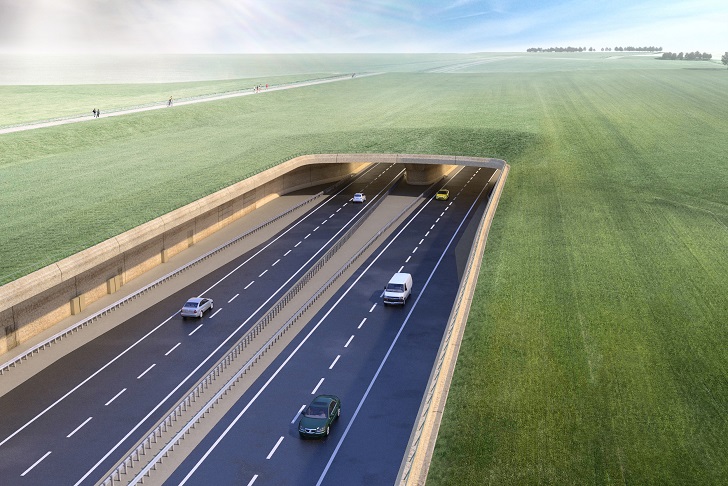 A visualisation of a large road and tunnel through a green landscape