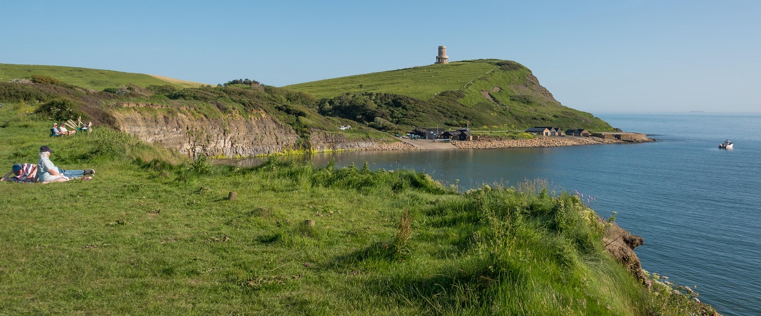 A hilly green coastline with the sea and a tower in the background