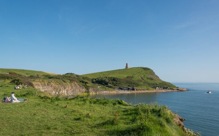 A hilly green coastline with the sea and a tower in the background