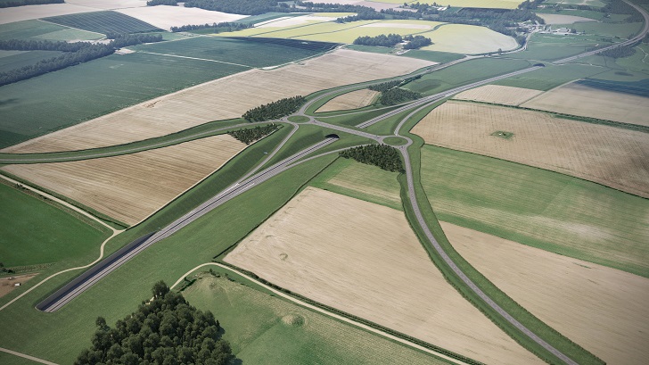 Aerial view of a road junction in patchwork landscape