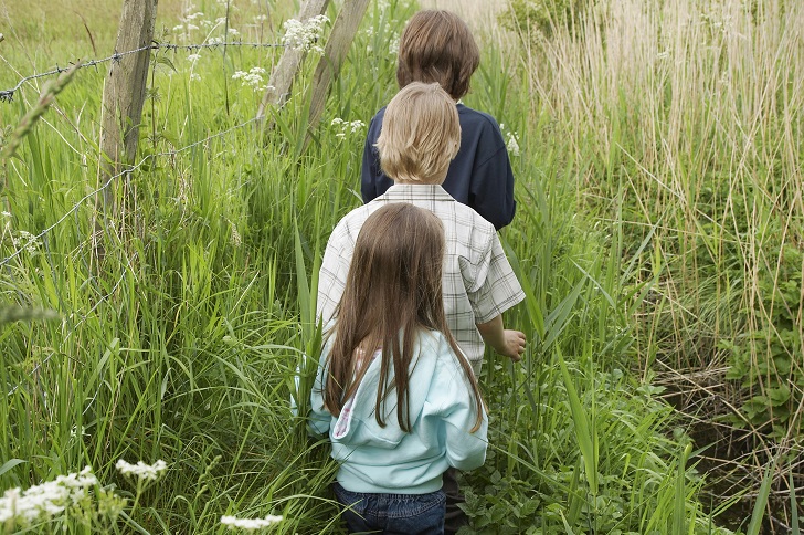 Three young children walking into long grass alongside a barbed wire fence