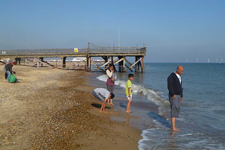 Parents and kids paddle on a stony beach