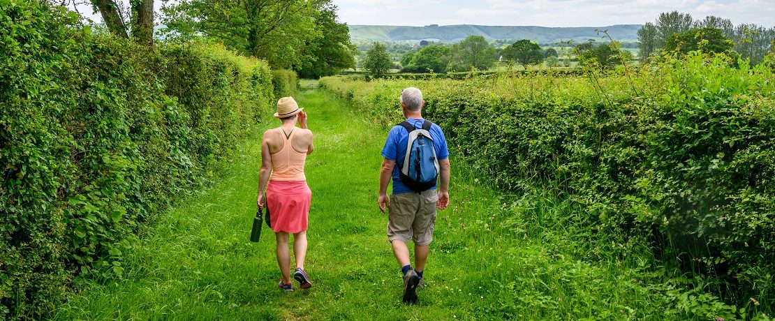 Two people walking on grass between two hedgerows