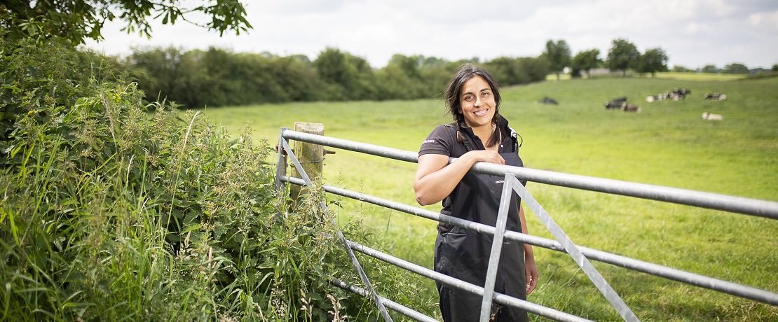 a woman in overalls leaning on a farm gate in front of a field of cows