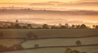 A panoramic landscape showing misty hills criss-crossed by hedgerows