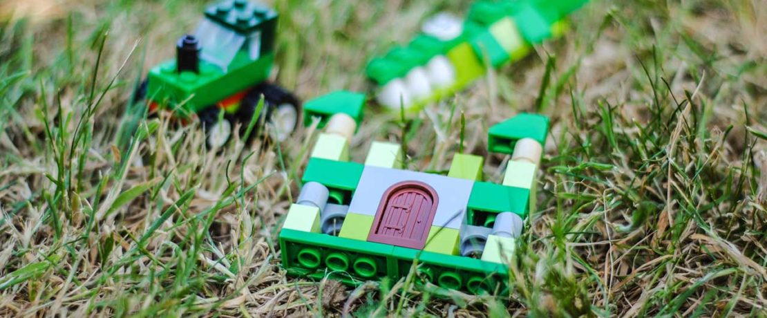Green Lego building bricks in grass